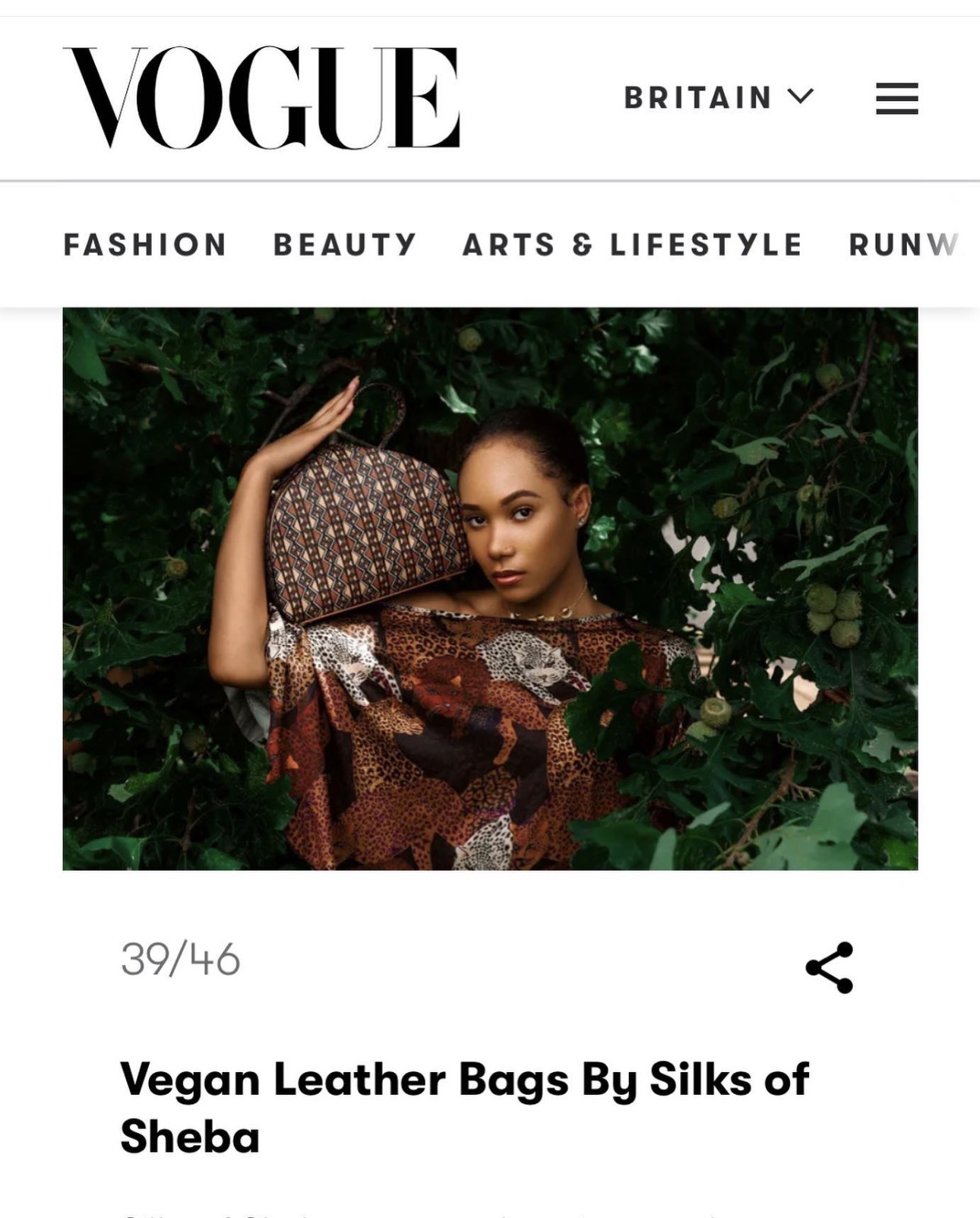 Vegan leather bags by Silks of Sheba featured in British Vogue