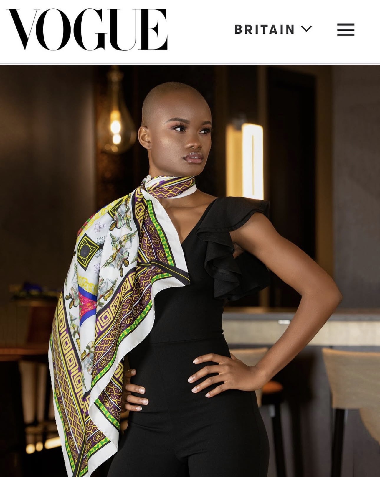 Model wearing a Silks of Sheba silk scarf, featured in British Vogue