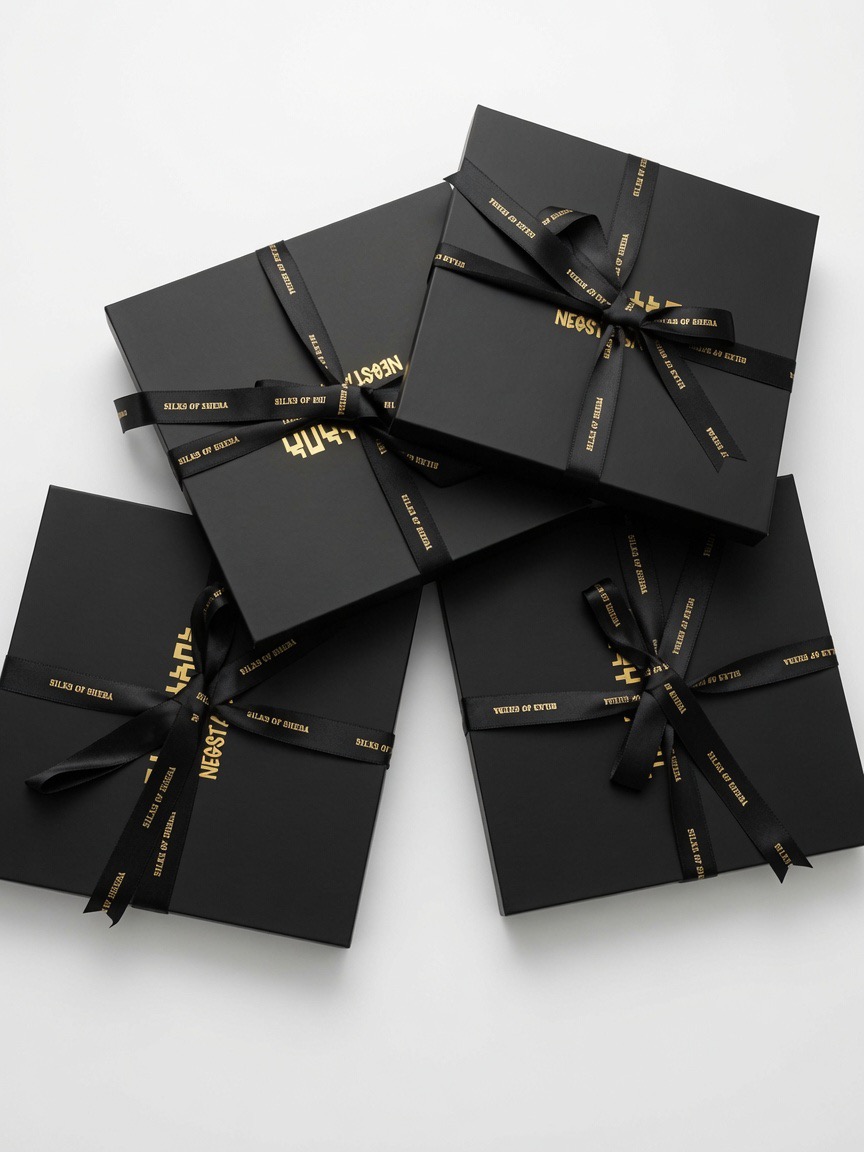 Overhead view of Silks of Sheba black gift boxes tied with gold-foil ribbon