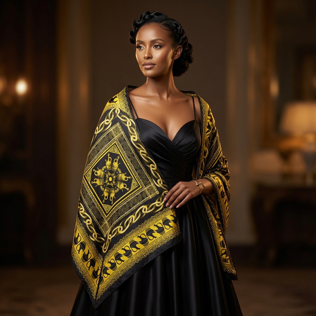 Model wearing a custom NIA Coffee silk scarf designed by Silks of Sheba