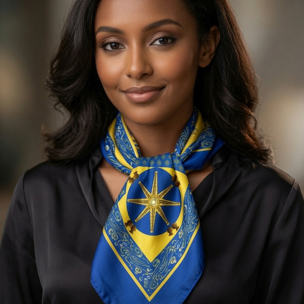 Portrait of a smiling model in black with the blue and gold Axum scarf tied at the neck