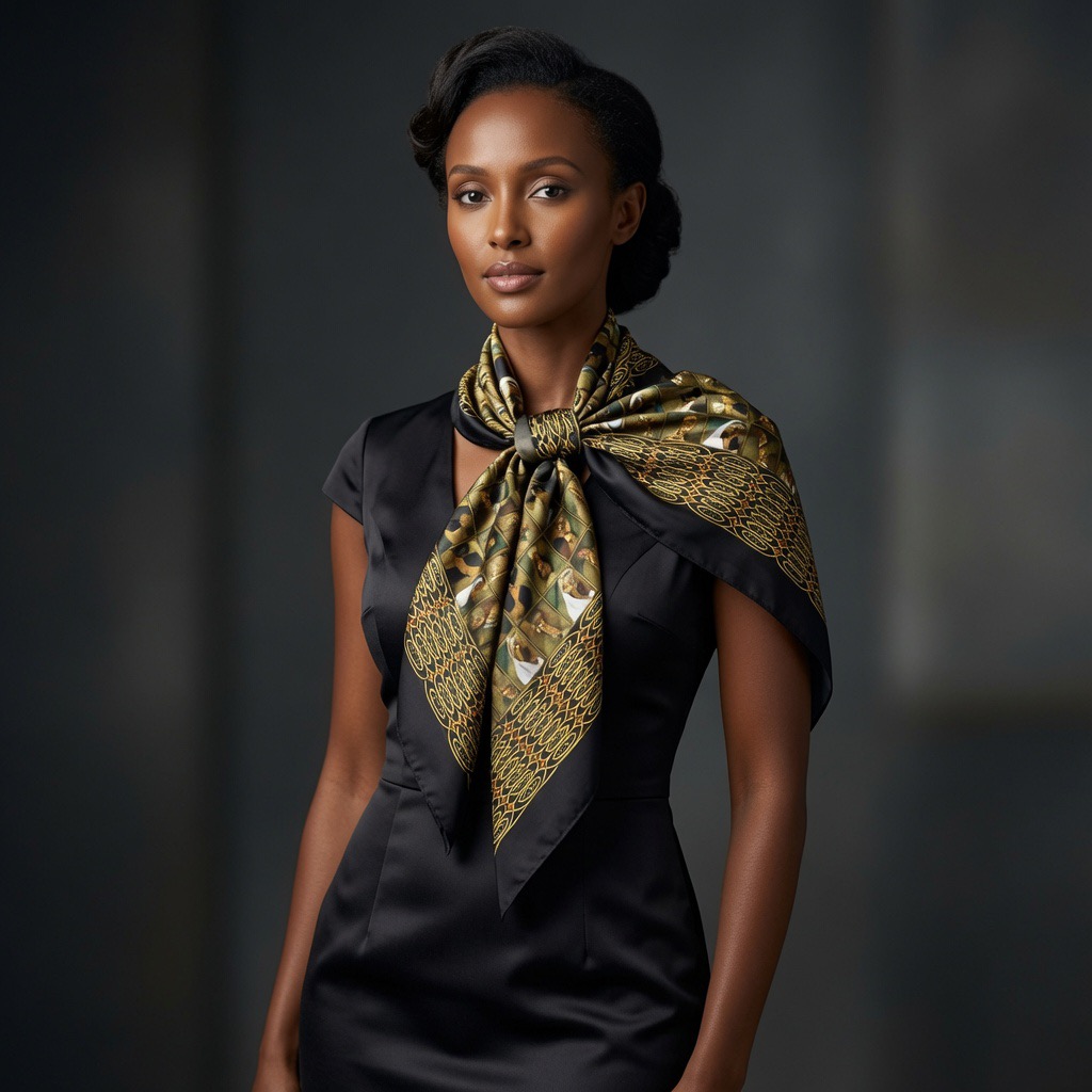 Model in a black dress with the green Queen of Sheba scarf tied in a soft bow at the collarbone