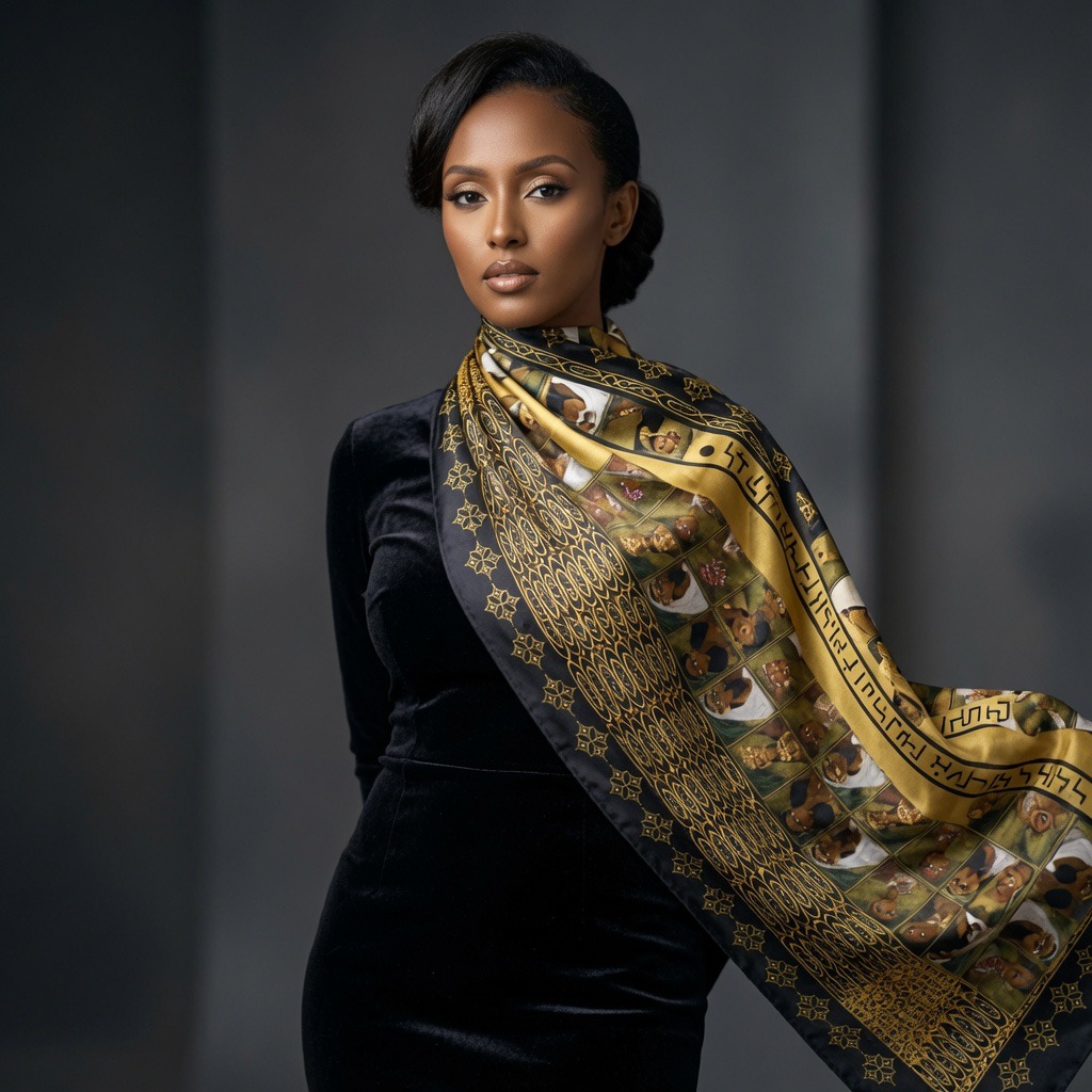 Model holding the green Queen of Sheba scarf in motion