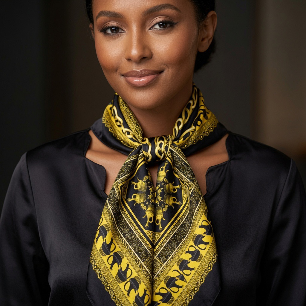 Close-up of the Jebena scarf knotted at the neck over a black cut-out top