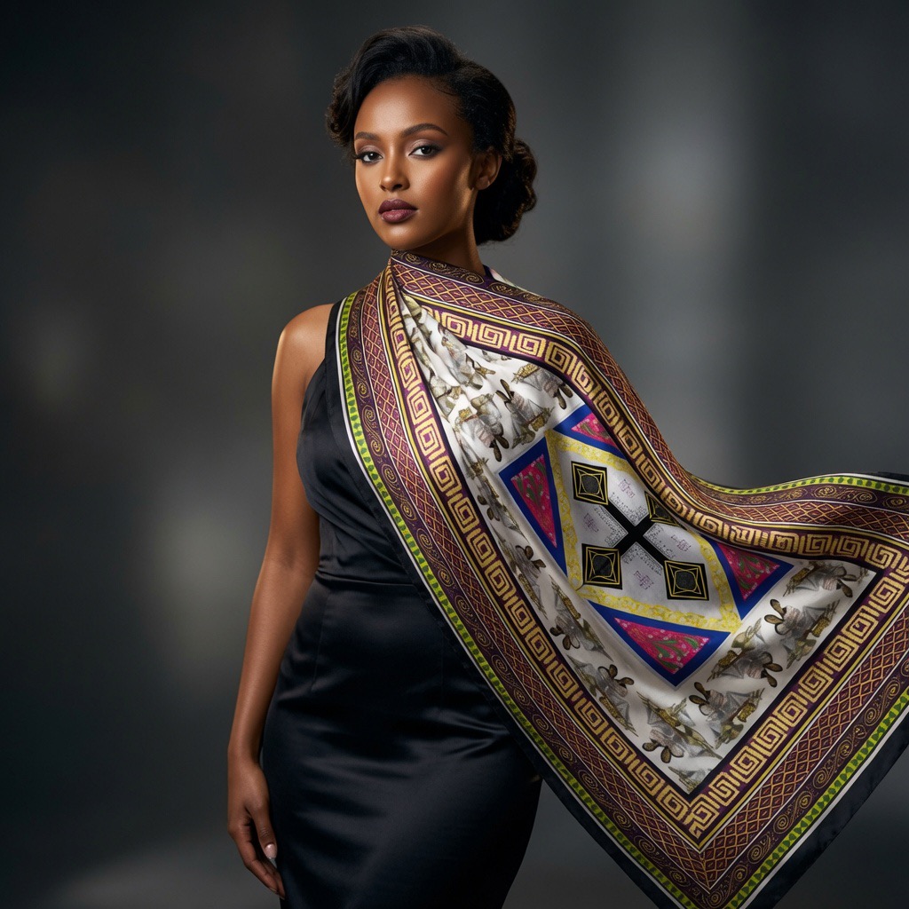 Model in a fitted black dress with the ivory and gold heirloom scarf draped across one shoulder like a sash