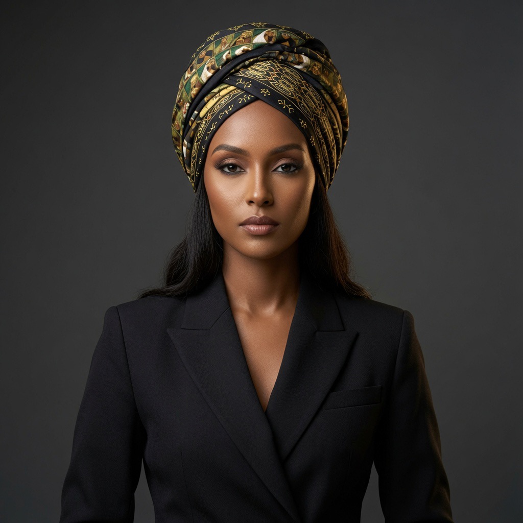 Model in a black blazer wearing the green Queen of Sheba scarf wrapped as a turban