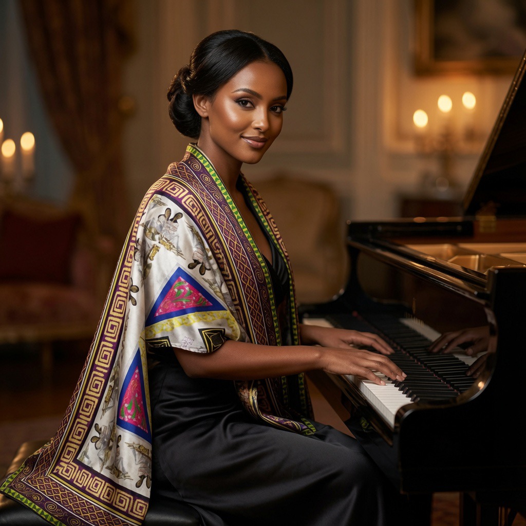 Model at a grand piano in a candlelit salon, wearing the ivory and gold silk scarf draped over her shoulders