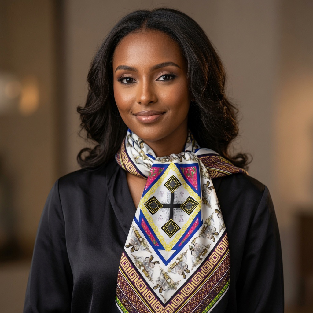 Close-up portrait of a smiling model with the white, gold, and blue heirloom silk scarf tied softly at the neck