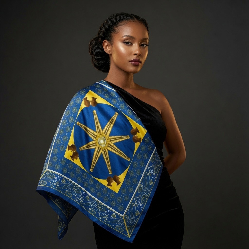 Model in a one-shoulder black gown with the blue and gold Axum Obelisk scarf draped like a sash