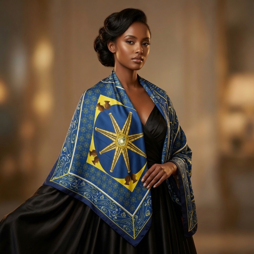 Model in a black evening gown wearing the blue Axum Obelisk scarf draped elegantly over her shoulders