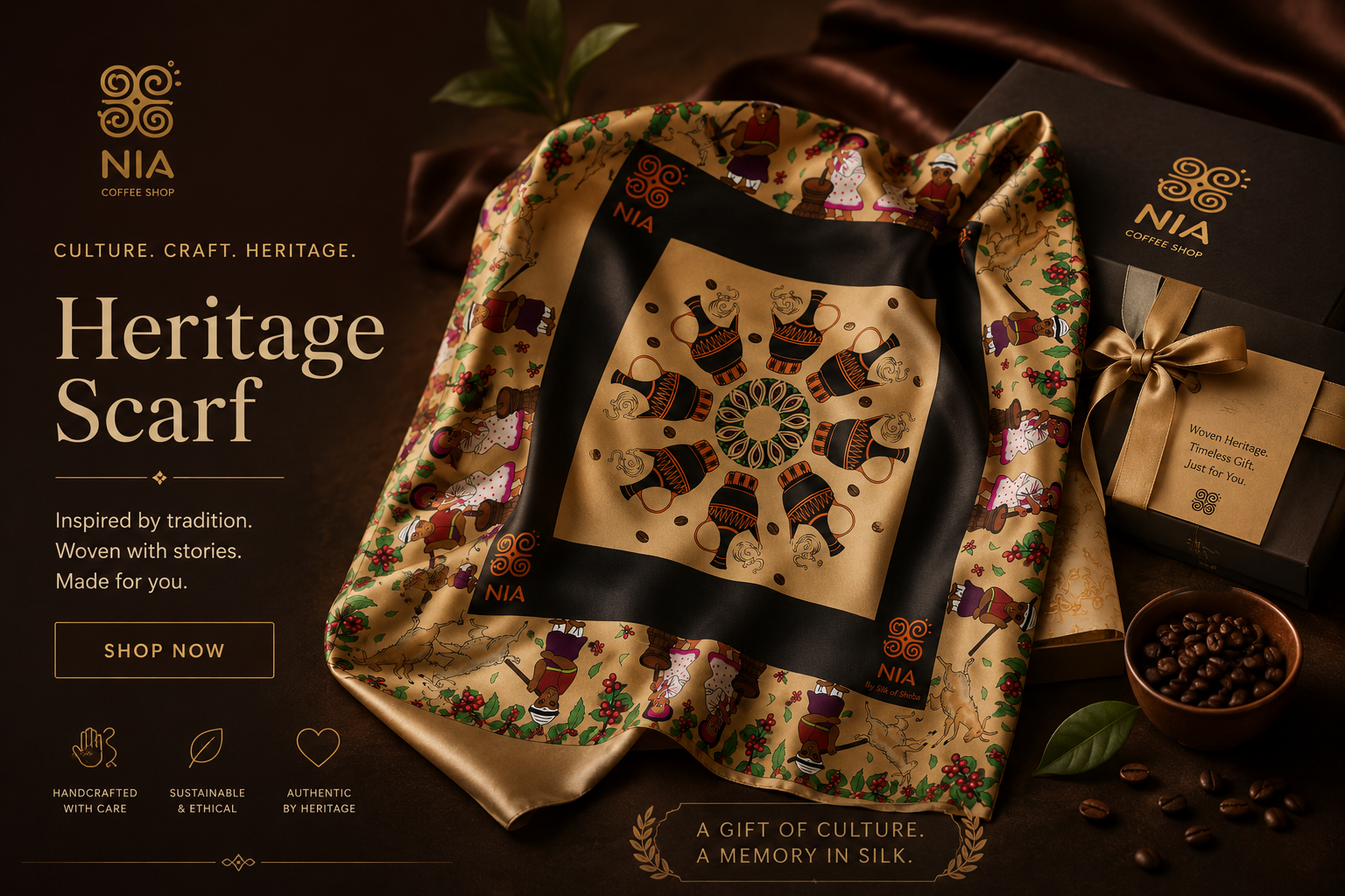 NIA Coffee Heritage Silk Scarf by Silks of Sheba
