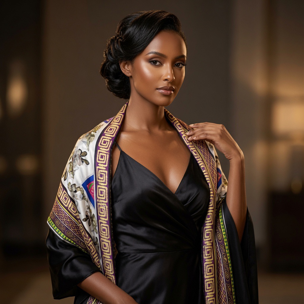 Model in a black satin gown with the white, purple, and gold silk shawl draped across both shoulders