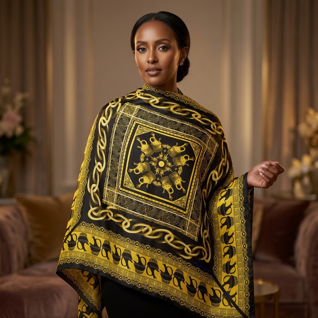 Model wrapped in the black and gold Jebena scarf like a shawl in a warm interior